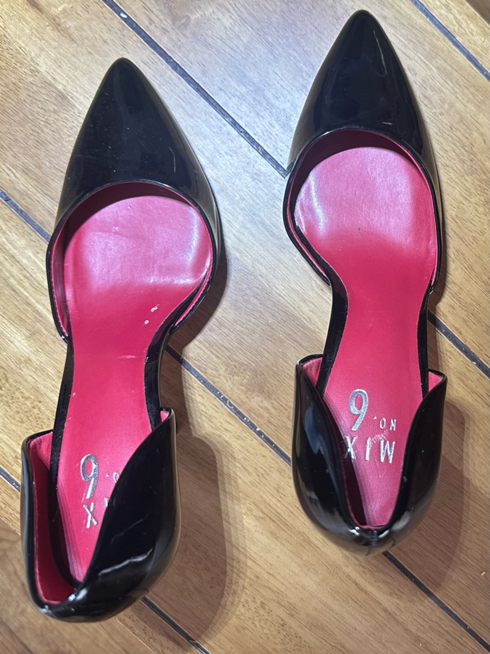 No. 6 Black Patent Open-Side Pumps with Pink Insole